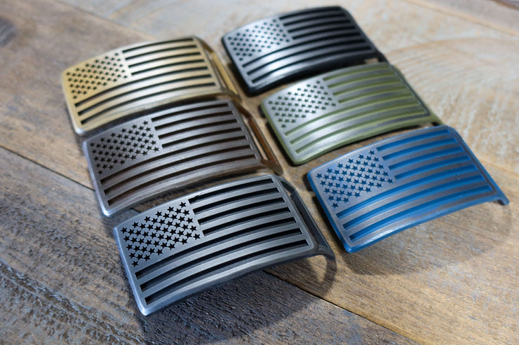 Handcrafted USA flag belt buckle made from laser-cut steel with patina finish, designed and made in Boise, Idaho by FosterWeld